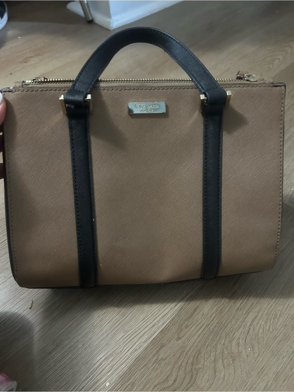 kate spade Tan and Black Saffiano Satchel with Gold Hardware